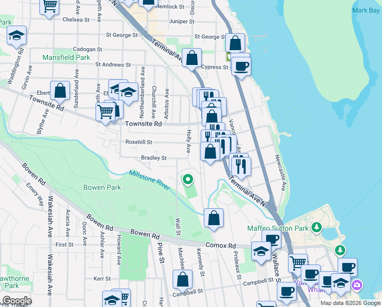 map of restaurants, bars, coffee shops, grocery stores, and more near 308 Holly Avenue in Nanaimo