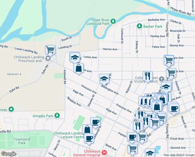 map of restaurants, bars, coffee shops, grocery stores, and more near 9525 Northview Street in Chilliwack