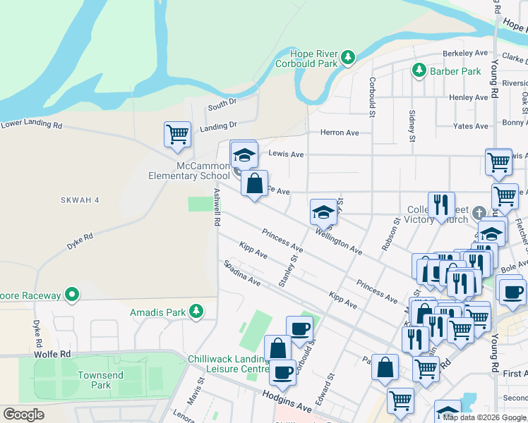 map of restaurants, bars, coffee shops, grocery stores, and more near 45468 Wellington Avenue in Chilliwack