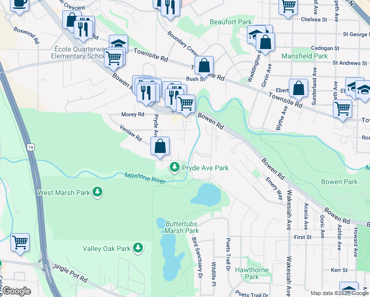 map of restaurants, bars, coffee shops, grocery stores, and more near 112 Adams Avenue in Nanaimo