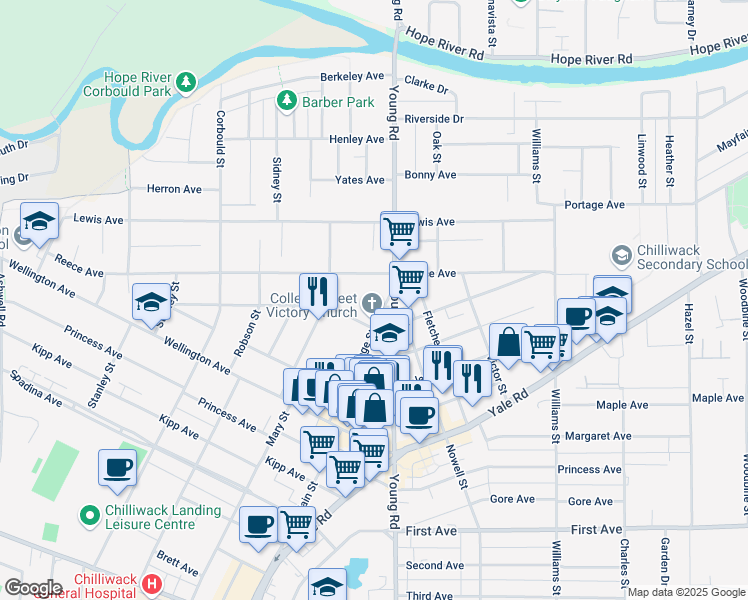 map of restaurants, bars, coffee shops, grocery stores, and more near 9577 Young Road in Chilliwack