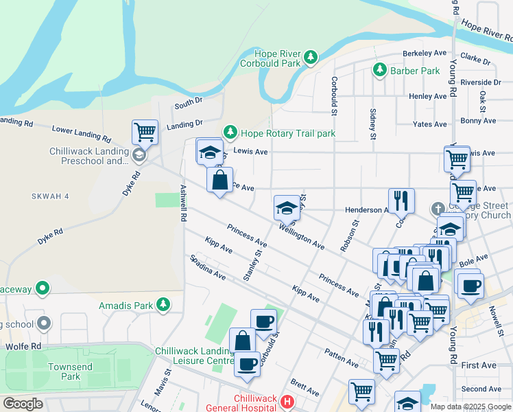 map of restaurants, bars, coffee shops, grocery stores, and more near 9520 Carroll Street in Chilliwack