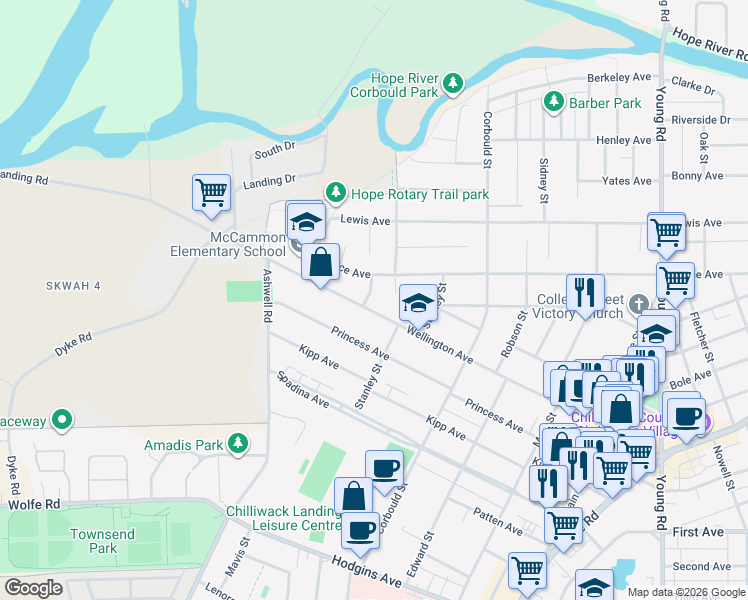 map of restaurants, bars, coffee shops, grocery stores, and more near 9520 Carroll Street in Chilliwack