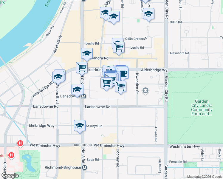 map of restaurants, bars, coffee shops, grocery stores, and more near 5300 Number 3 Road in Richmond