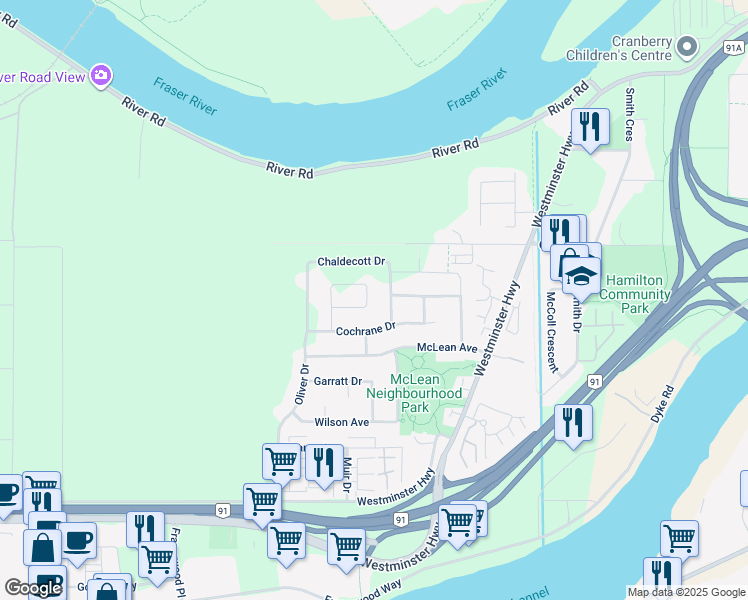 map of restaurants, bars, coffee shops, grocery stores, and more near 5551 Rowling Place in Richmond