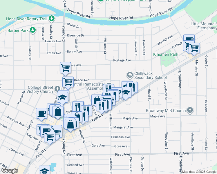 map of restaurants, bars, coffee shops, grocery stores, and more near 9543 Williams Street in Chilliwack