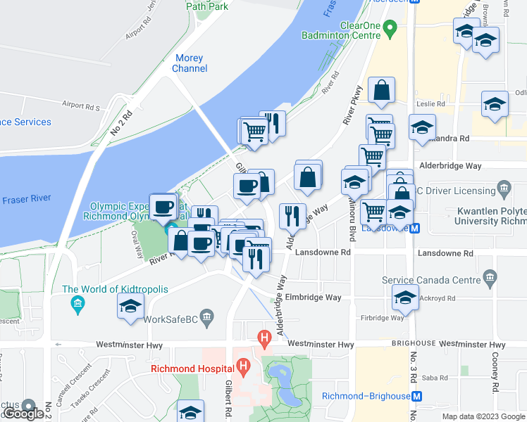 map of restaurants, bars, coffee shops, grocery stores, and more near 680 Gilbert Road in Richmond