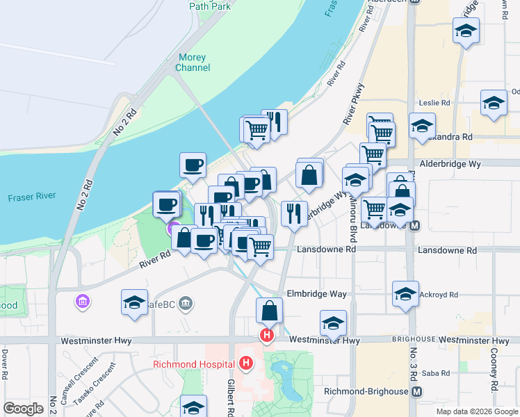 map of restaurants, bars, coffee shops, grocery stores, and more near in Richmond