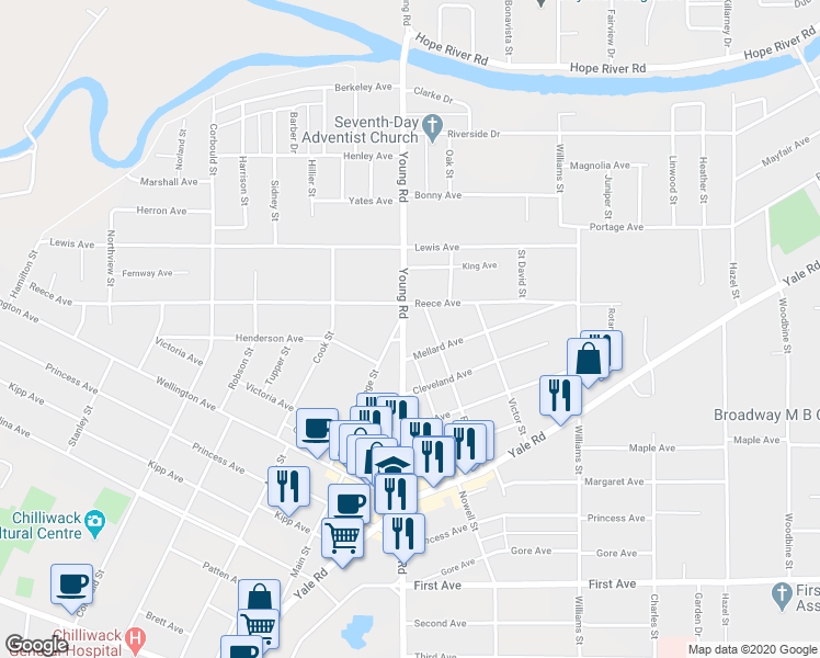 map of restaurants, bars, coffee shops, grocery stores, and more near 9542 Young Road in Chilliwack