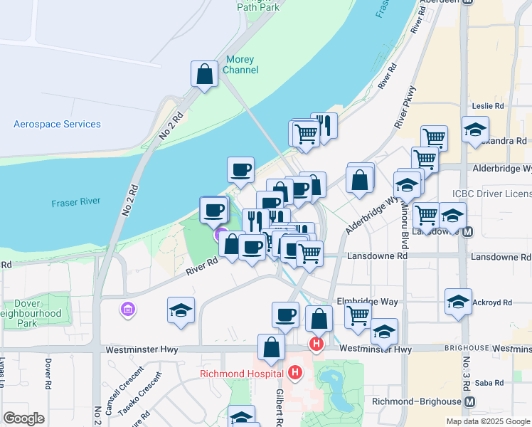 map of restaurants, bars, coffee shops, grocery stores, and more near 6622 Pearson Way in Richmond