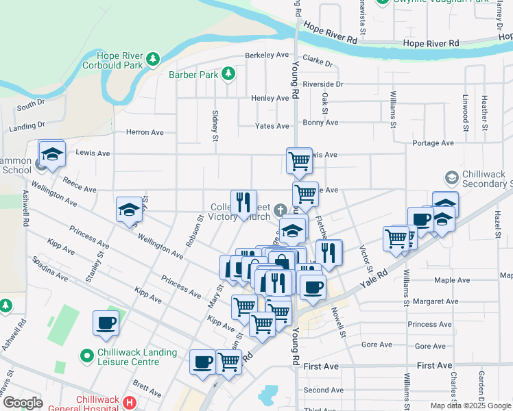 map of restaurants, bars, coffee shops, grocery stores, and more near 9540 Cook Street in Chilliwack