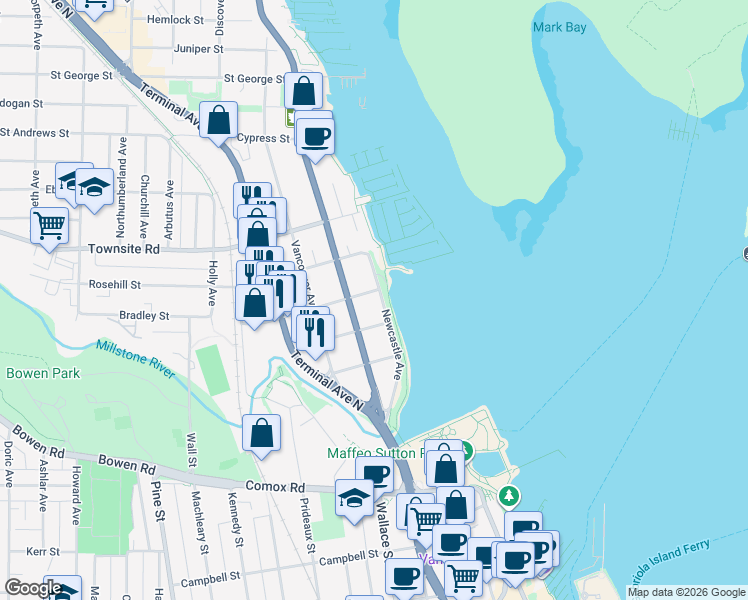 map of restaurants, bars, coffee shops, grocery stores, and more near 33 Mount Benson Street in Nanaimo