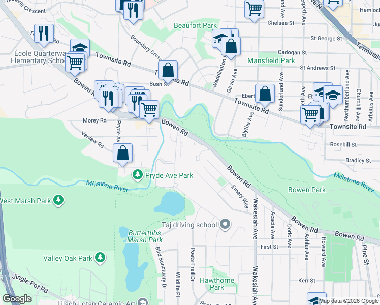 map of restaurants, bars, coffee shops, grocery stores, and more near in Nanaimo