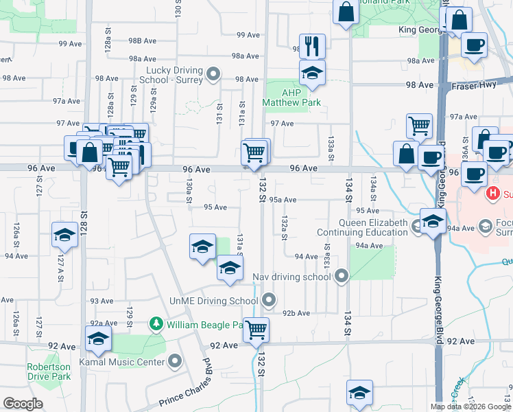 map of restaurants, bars, coffee shops, grocery stores, and more near 9511 132 Street in Surrey