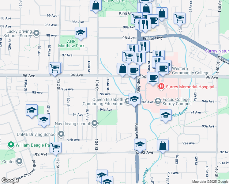 map of restaurants, bars, coffee shops, grocery stores, and more near in Surrey