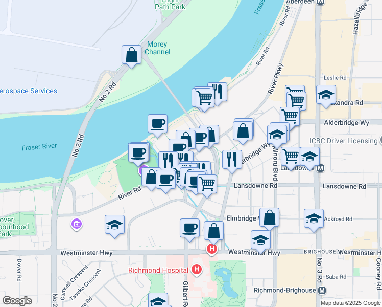 map of restaurants, bars, coffee shops, grocery stores, and more near in Richmond