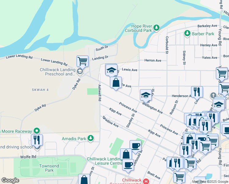 map of restaurants, bars, coffee shops, grocery stores, and more near 45440 Wellington Avenue in Chilliwack