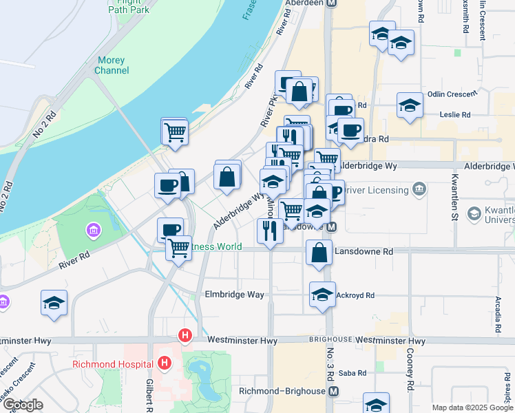 map of restaurants, bars, coffee shops, grocery stores, and more near 7780 Alderbridge Way in Richmond