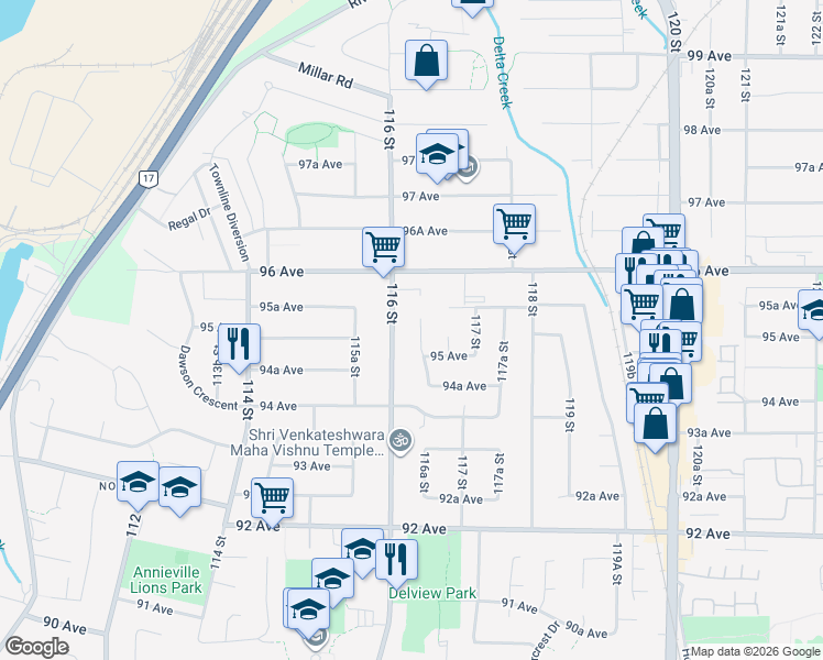 map of restaurants, bars, coffee shops, grocery stores, and more near 9515 116A Street in Delta