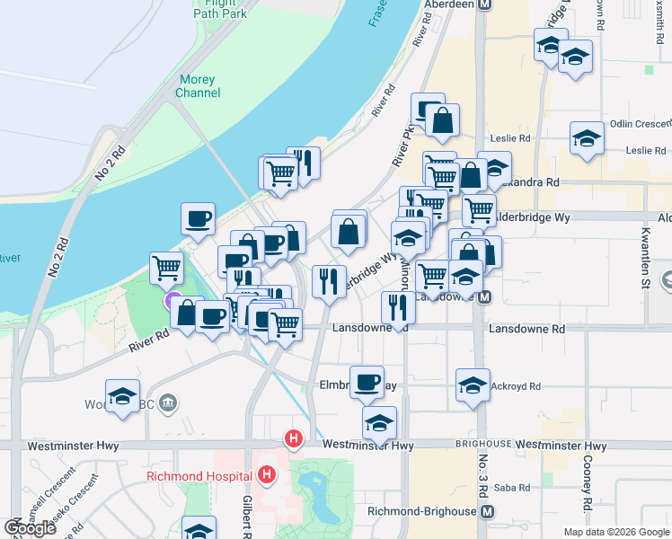 map of restaurants, bars, coffee shops, grocery stores, and more near 5399 Cedarbridge Way in Richmond