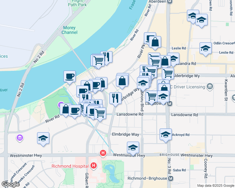 map of restaurants, bars, coffee shops, grocery stores, and more near 5399 Cedarbridge Way in Richmond