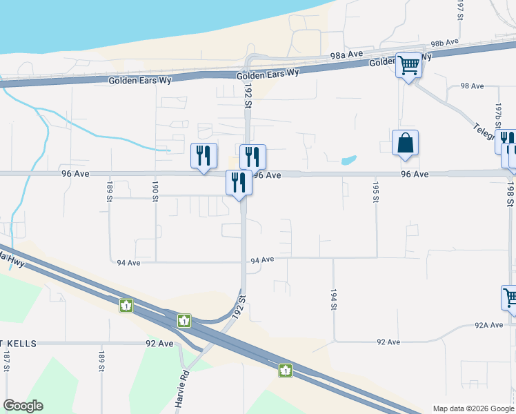 map of restaurants, bars, coffee shops, grocery stores, and more near 9520 192 Street in Surrey