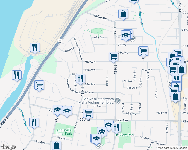 map of restaurants, bars, coffee shops, grocery stores, and more near 11471 95 Avenue in Delta