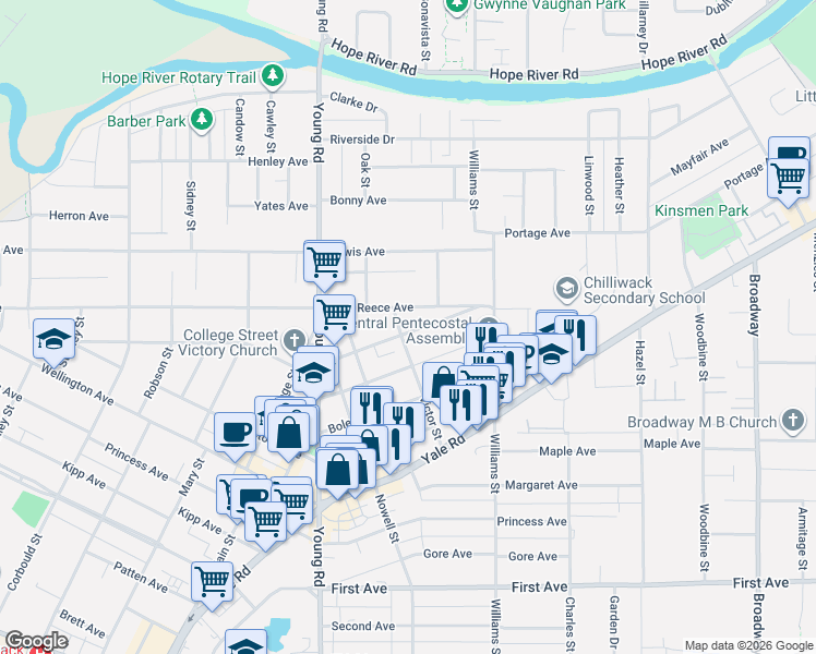 map of restaurants, bars, coffee shops, grocery stores, and more near 9550 Victor Street in Chilliwack