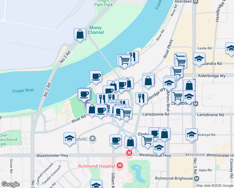 map of restaurants, bars, coffee shops, grocery stores, and more near 6900 Pearson Way in Richmond