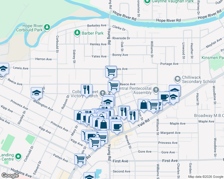 map of restaurants, bars, coffee shops, grocery stores, and more near 9577 Young Road in Chilliwack