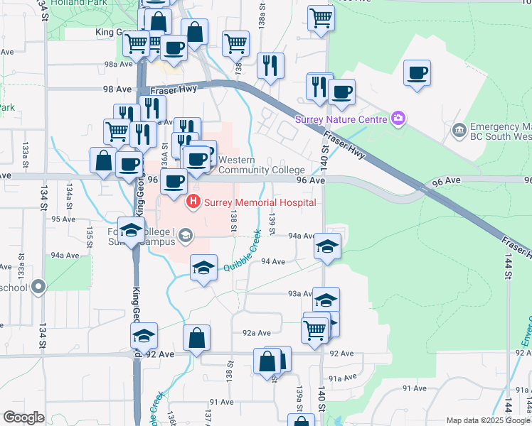 map of restaurants, bars, coffee shops, grocery stores, and more near 9525 139 Street in Surrey