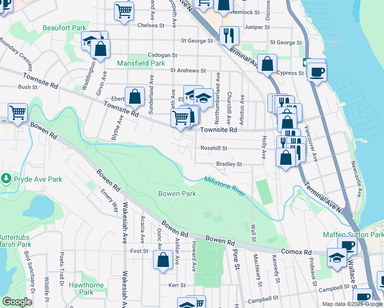 map of restaurants, bars, coffee shops, grocery stores, and more near 357 Millstone Avenue in Nanaimo