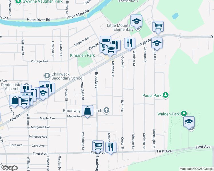 map of restaurants, bars, coffee shops, grocery stores, and more near 9566 Johnson Street in Chilliwack