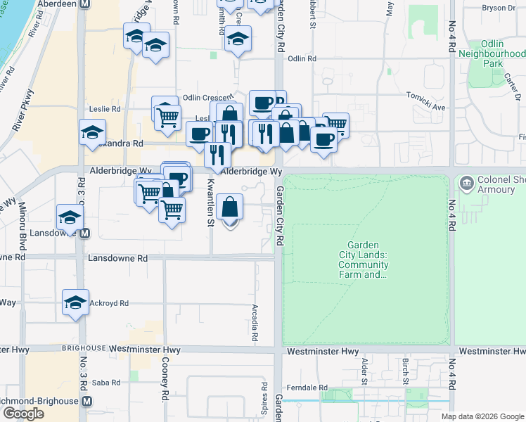 map of restaurants, bars, coffee shops, grocery stores, and more near 8871 Lansdowne Road in Richmond