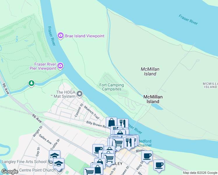 map of restaurants, bars, coffee shops, grocery stores, and more near 9451 Glover Road in Langley Township