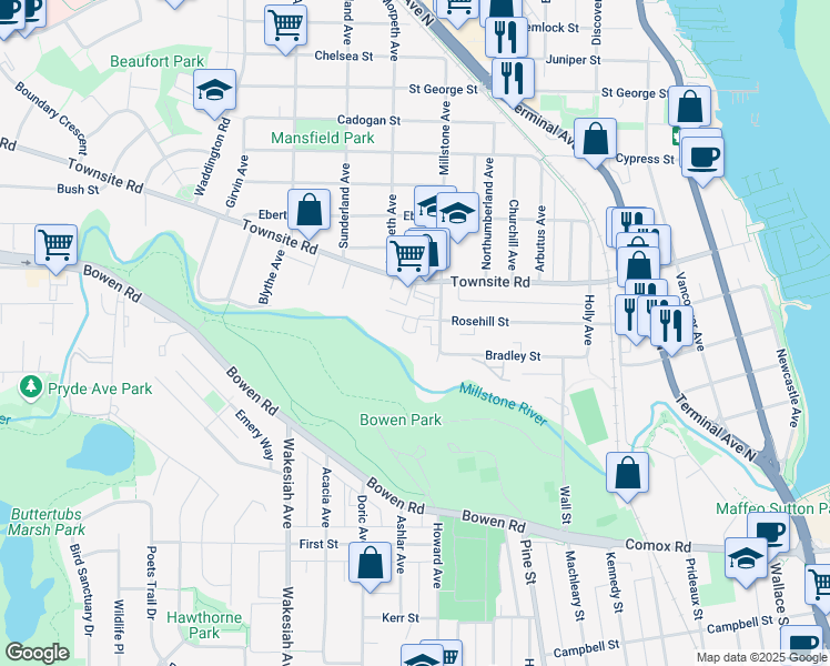 map of restaurants, bars, coffee shops, grocery stores, and more near in Nanaimo