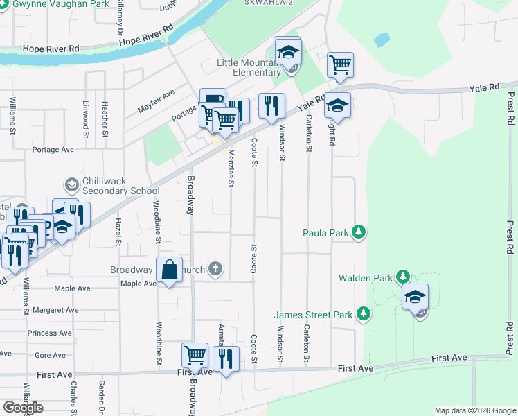 map of restaurants, bars, coffee shops, grocery stores, and more near 9566 Coote Street in Chilliwack
