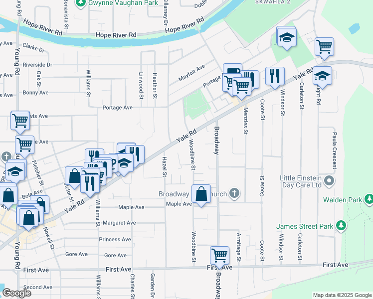 map of restaurants, bars, coffee shops, grocery stores, and more near 9563 Woodbine Street in Chilliwack