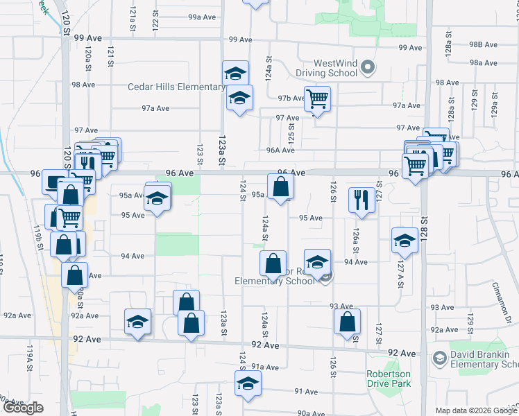 map of restaurants, bars, coffee shops, grocery stores, and more near 9515 124A Street in Surrey
