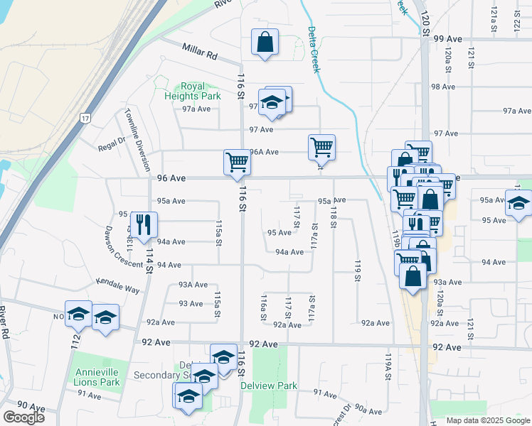map of restaurants, bars, coffee shops, grocery stores, and more near 9526 116A Street in Delta
