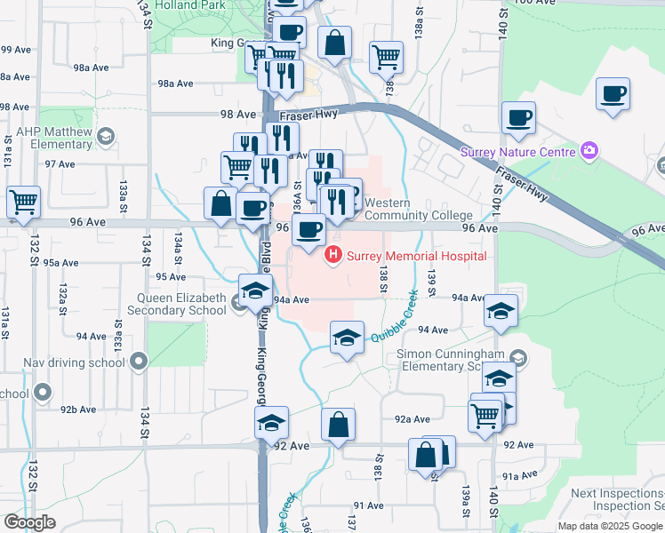 map of restaurants, bars, coffee shops, grocery stores, and more near 13750 96 Avenue in Surrey