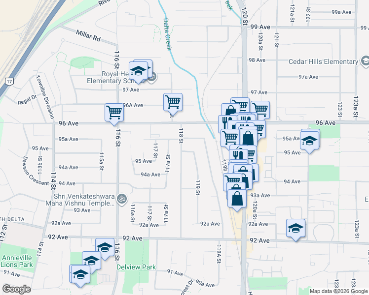 map of restaurants, bars, coffee shops, grocery stores, and more near 11822 95A Avenue in Delta