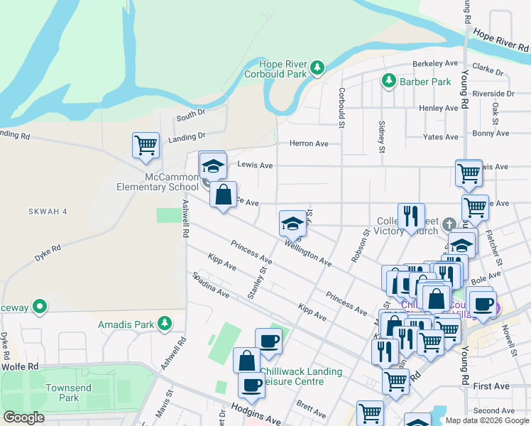map of restaurants, bars, coffee shops, grocery stores, and more near 9556 Carroll Street in Chilliwack