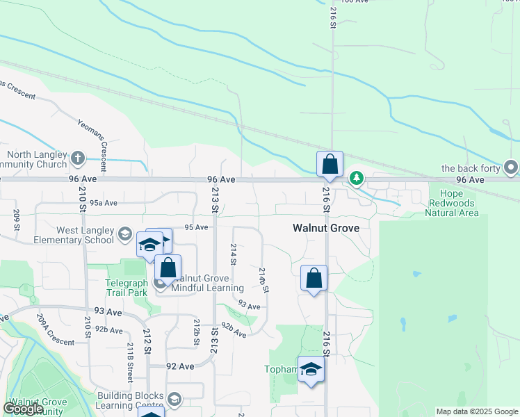 map of restaurants, bars, coffee shops, grocery stores, and more near 9556 214A Street in Langley Township
