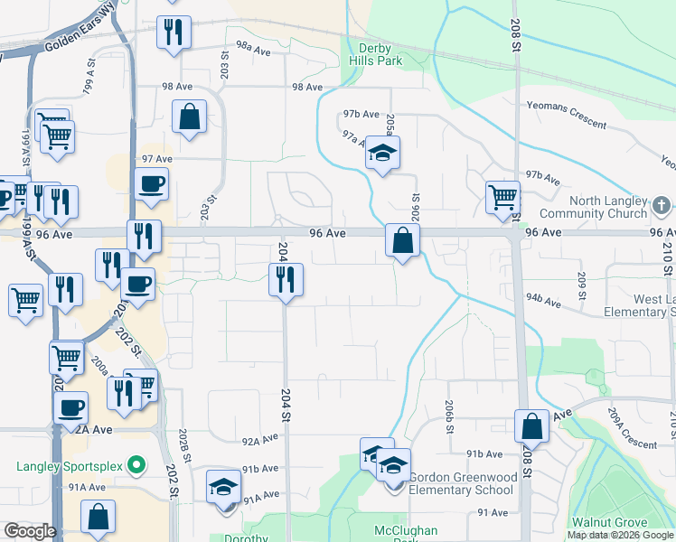 map of restaurants, bars, coffee shops, grocery stores, and more near 20504 95A Avenue in Langley Township