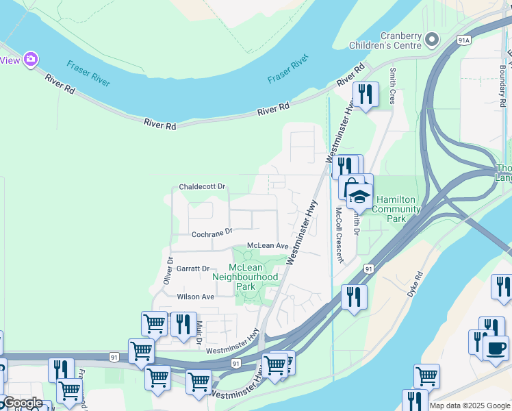 map of restaurants, bars, coffee shops, grocery stores, and more near 22531 McClinton Avenue in Richmond