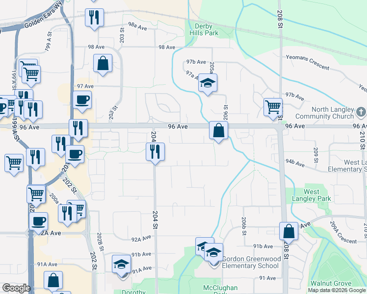 map of restaurants, bars, coffee shops, grocery stores, and more near in Langley Township