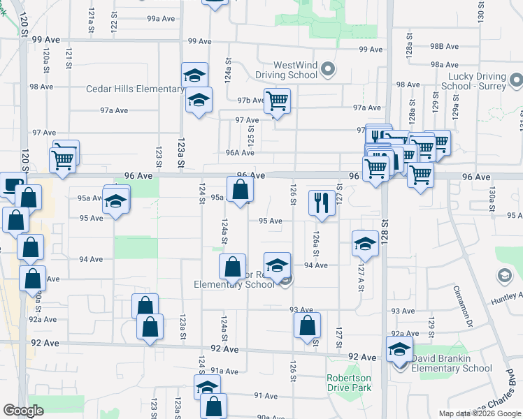 map of restaurants, bars, coffee shops, grocery stores, and more near 9525 125A Street in Surrey