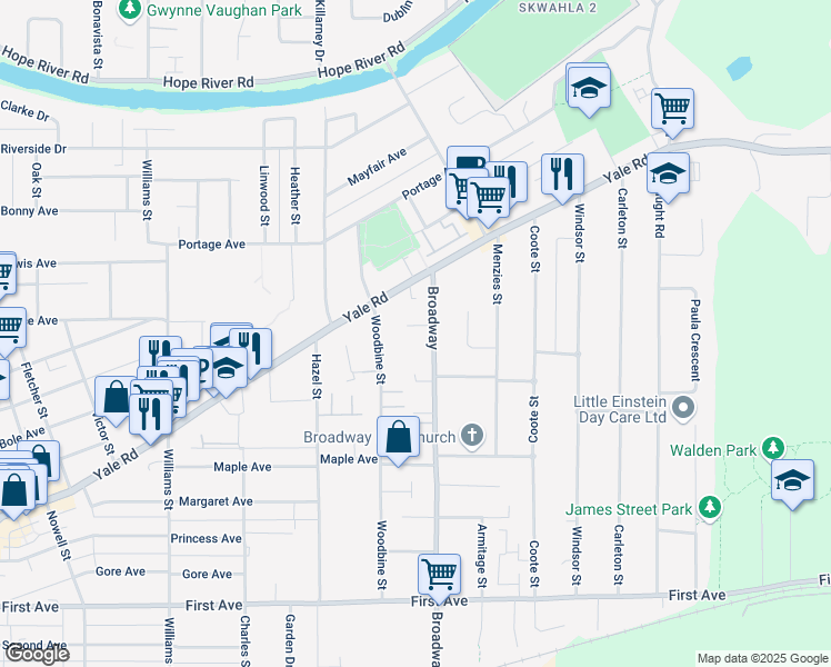 map of restaurants, bars, coffee shops, grocery stores, and more near 46523 Clayton Avenue in Chilliwack