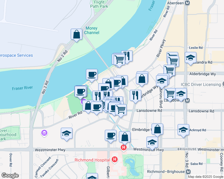 map of restaurants, bars, coffee shops, grocery stores, and more near in Richmond